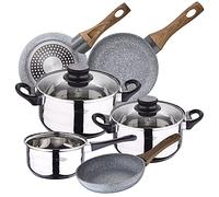 San Ignacio Toledo Bateria de cocina 5 piezas, acero inoxidable, con juego sartenes Daimiel (18/20/22 cm) en aluminio forjado aptas para induccion, Cromado / Gris