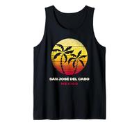 San José del Cabo México Retro Palmera Atardecer Playa Tropical Camiseta sin Mangas
