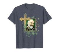 San Padre Pío Cruz de oración Católicos Santos Santos Vintage Camiseta, Hombre, Azul Jaspeado, S