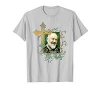 San Padre Pío Cruz de oración Católicos Santos Santos Vintage Camiseta, Hombre, Plata, S