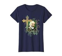 San Padre Pío Cruz de oración Católicos Santos Santos Vintage Camiseta, Mujer, Azul Marino, XXL