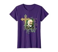 San Padre Pío Cruz de oración Católicos Santos Santos Vintage Camiseta, Mujer, Morado, XS
