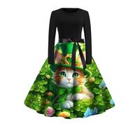 San Patricio Día de la suerte trébol de la suerte San Patricio Estampado Manga Larga Cuello Redondo Vestido Línea A Vestido Mujer Retro Patchwork Falda Border Fashion, dorado, XXL