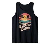 San Pedro Belice Diversión Retro Puesta del Sol Océano Ola Y Palmeras Camiseta sin Mangas