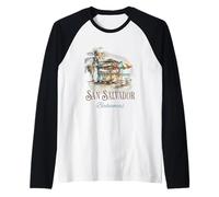 San Salvador Tiki Bar Acuarela Diseño - Islas Bahamas Camiseta Manga Raglan