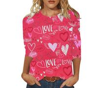San Valentín corazón gráfico impreso camiseta mujer manga tres cuartos cuello redondo top blusa brillante mujer, Rosa intenso., XXL