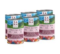 SANA Premium Dog Foods I Menús húmedos I Alto porcentaje de carne, sin cereales I Diferentes variedades y tamaños (6 latas de 800 g, carne de res con zanahorias, manzana y arroz natural)