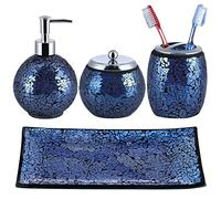 Sanbege Juego de 4 Accesorios de baño de Cristal de Mosaico Moderno, Incluye dispensador de jabón, Tarro de hisopo de algodón, Soporte para Cepillo de Dientes, Bandeja de tocador (Azul Brillante)