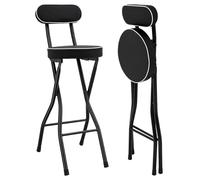SanBouSi Juego de 2 taburetes plegables de 65 cm de altura, silla plegable portátil con respaldo y cojín redondo, taburete para cocina, bar y desayuno, color negro