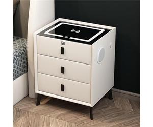 SanBouSi Mesita de noche inteligente de 3 cajones con función de carga USB inalámbrica y bloqueo de huellas dactilares, altavoces y luces LED inteligentes, tablero de vidrio templado