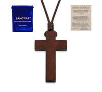 SANCTRA Collar de cruz de madera para hombre y mujer, hecho a mano y bendecido en Tierra Santa, colgante de fe cristiana con bolsa de regalo y certificado de autenticidad.
