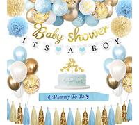 Sancuanyi Baby Shower Decoracion Niño,Azul Globo Baby Shower Niño, Decoracion Baby Showers Azul Blanco con Faja Mamá, Globos, Banner It's a Boy para Ducha Bebe Niños