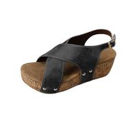 Sandalia de cuña genérica Mujer Verano Espartano - Sandalias Retro Tendencia Claquetas Plataforma De Gran Tamaño Y Elegancia Zapatos Ortopedico Minimalista Clásico Zapatos Cuero Relajación, Negro