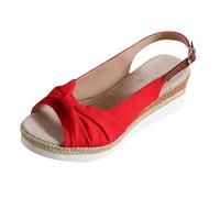 Sandalia genérica para mujer cuña alpargata verano cuña plataforma plana sandalias pajarita elegante playa zapatos de punta abierta confort novia tobillo vintage vacaciones tacón cuñas, rojo, 37 EU