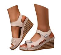 Sandalia genérica para mujer, plataforma, ligera, verano, casual, brida, para vacaciones, realzantes, retro, zapatos de resort Sandale para mujer, playa, ante vintage con tacón cuadrado, beige, 40 EU
