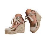 Sandalia genérica para mujer, sandalias de cuña alpargatas punta redonda y color block para mujer, cómodas y elegantes, adornadas con un lazo calado. Sandalias mujer verano plantillas de cuña, dorado