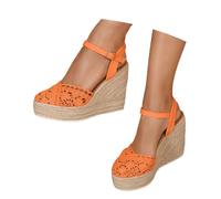 Sandalias Alpargatas de cuña para mujer, de esparta, de ganchillo, punta cerrada, cómodas, tobillo, hebilla ajustable, sandalias para mujer, cuña, talón zapatos de playa y boda cómodos, naranja, 35 EU