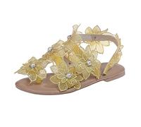 Sandalias amarillas de verano para mujer, sandalias planas con flores de encaje con adornos de perlas y correas de tobillo, elegantes zapatos de playa, zapatos de natación, zapatos casuales para playa