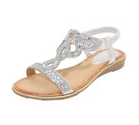 Sandalias bohemias 2026 para mujer, sandalias de cuña bohemias elegantes con diamantes de imitación F-loral con cuentas y correa elástica en el tobillo, puntera abierta, zapatos planos de verano para