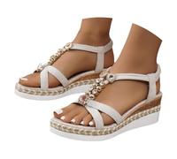Sandalias bohemias de cuña para mujer, con cuentas, correa en T, estilo étnico, sandalias cómodas de verano, sandalias de playa, White, 37 EU