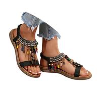 Sandalias bohemias para mujer, sandalias de verano con diamantes de imitación y perlas, elegantes y cómodas, con banda de goma abierta, chanclas planas con plantilla retro, zapatos de verano anchos