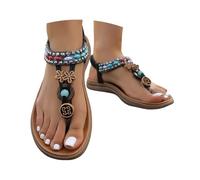 Sandalias bohemias para mujer, sandalias de verano con diamantes de imitación y perlas, elegantes y cómodas, con banda de goma abierta, chanclas planas con plantilla retro, zapatos de verano anchos