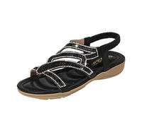 Sandalias brillantes para mujer, planas, de estrás, para mujer, color negro, con aplicaciones de estrás y soporte elástico para el talón, antideslizantes, sandalias planas, zapatos de trekking