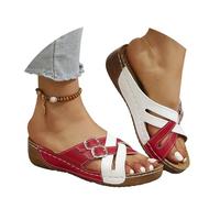 Sandalias casuales de mujer con tiras y punta abierta cómodas para uso interior y exterior con diseño de cuña (Red, 38) #10