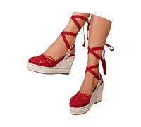 Sandalias Casuales de Verano con Encaje Calado, Punta Redonda, Estilo Alpargata, con Tira en el Tobillo. Zapatos de Playa. (RD1-B, 36)