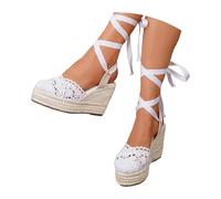 Sandalias Casuales de Verano con Encaje Calado, Punta Redonda, Estilo Alpargata, con Tira en el Tobillo, Zapatos de Playa para Mujer, Bohemio.