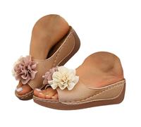 Sandalias Comodas Mujer Pantuflas de mujer con tacón de cuña y suela gruesa, modernas e informales, sandalias playa con tacón abierto y forma boca pez diseño flor. (Khaki, 39)