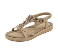 Sandalias cómodas mujer para informales vacaciones playa y citas Diseño punta abierta tiras elásticas estilo casual (Beige, 38)