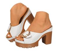 Sandalias Comodas Mujer Platform Chunky Heel Sandals Metal Square Strap High Heeled Mules European And Platform Height Increasing Wom (White, 39)