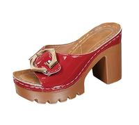 Sandalias Comodas Mujer Platform Chunky Heel Sandals Metal Square Strap High Heeled Mules European And Platform Height Increasing Wom (Red, 36)