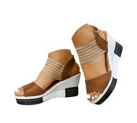 Sandalias Comodas Mujer Sandalias de mujer con tacón de cuña, tiras y forma boca pez, estilo slip on, dos colores lisos, suela gruesa, que aumentan la estatura. (Khaki, 41)