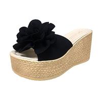 Sandalias Cómodas Mujer Verano Chanclas de Playa Primavera Y Verano Sandalias de Mujer Tacón Cuña Flor Gamuza Gruesa Estilo Casual Zapatos Vestir Chanclas Dedo (Black 39)