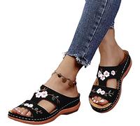 Sandalias con flores bordadas para mujer - De cuero - Con flores bordadas - Vintage - Casuales - Suela flexible - Ortopédicas - Apoyo del arco plantar, Negro , 39 EU