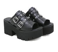 Sandalias con Tachuelas Punk para Mujer, Zapatos de tacón Grueso con Plataforma Baja gótica, Botas con Hebilla en Punta Recortada, Zapatos de Plataforma de Charol con Punta Abierta,Negro,38