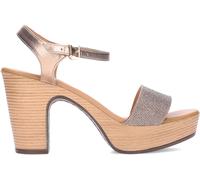 Pedro Miralles Sandalias de Piel Metalizada con Brillos Brillos de Color Oro Rosa con tacón Efecto Madera Modelo Estella en Tonos Metalizados. Hecho a Mano en España