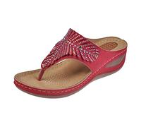 Sandalias Cuña Mujer Sandalias Tacon Bajo Mujer de Verano Nuevo Patrón Flop Gruesa Estilo Bohemio de Playa Versátiles Cuñas Negras Verano Planas (Red,39)