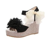 Sandalias Cuña Mujer Verano Comodas Zapatos Las mujeres verano flores pajarita con cordones Casual punta abierta cuñas cómodos zapatos de playa Sandalias Cuña Mujer Pies Anchos (Black 42)
