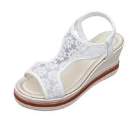 Sandalias Cuña Mujer Verano Zapato Verano Mujer Sandalias de Malla Con Flores Para,Con Punta Abierta Y Gruesa,de Talla Grande,Europa Y (White,36)