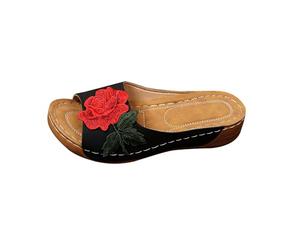 Sandalias Cuñas Zapatillas Casa Mujer Verano Sandalias de Mujer Con Tacón de Cuña Y Flores Con Punta Abierta Informales Gruesas Y Cómodas Para Verano Negras Cuña Chanclas (Black 37)