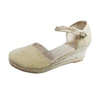 Sandalias de alpargata de punta cerrada para mujer, textura de lino, cuña baja, zapatos de verano con correa al tobillo