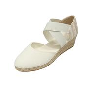 Sandalias de alpargata para mujer, con puntera cerrada, correas cruzadas elásticas, plataforma baja, suela de yute, zapatos de verano y vacaciones, White, 36.5 EU