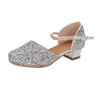 Sandalias de baile latino para mujer con lentejuelas tacón medio suela suave para principiantes y danza cómodas, plata, 37 EU