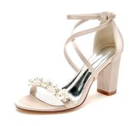 Sandalias de Boda de tacón Bloque Alto de satén Blanco para Mujer, Zapatos de Novia de tacón Grueso,B,38