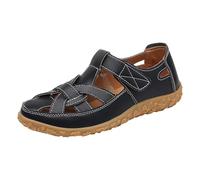 Sandalias de cuero con puntera cerrada para mujer, sandalias para caminar al aire libre, zapatos casuales de verano, correa al tobillo, sandalias planas de moda, vacaciones, playa, fáciles de cerrar