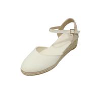 Sandalias de cuña baja para mujer, alpargatas con puntera cerrada, sandalias de lino con parte superior tejida de lino, correa de hebilla ajustable, sandalias cómodas, sandalias casuales de verano