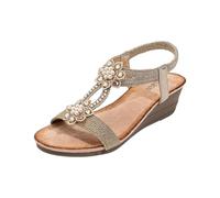 Sandalias de cuña baja para mujer, con diseño floral perlado, trenzadas, cómodas, puntera abierta, correa elástica en el tobillo, calzado casual y elegante, Gold, 36.5 EU
